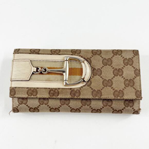 Gucci GG Web Hasler Continental Canvas Horsebit Wallet Tan Beige - Picture 2 of 7